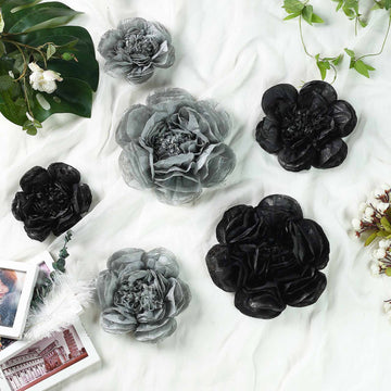 Set of 6 Black Charcoal Gray Peony 3D Paper Flowers Wall Decor - 7",9",11"