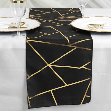 9ft Black Gold Foil Geometric Pattern Polyester Table Runner