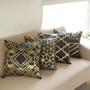 Set Of 4 18" Black Gold Foil Geometric Print Throw Pillow Covers, Velvet Square Sofa Cushion Covers
