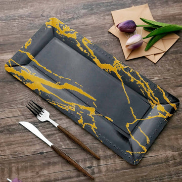 10 Pack Black Gold Marble 16" Heavy Duty Paper Serving Trays - 1100 GSM