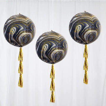3 Pack 13" 4D Black Gold Marble Sphere Foil Helium or Air Balloons