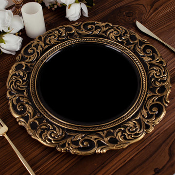 6 Pack 14" Black Gold Vintage Plastic Charger Plates With Engraved Baroque Rim, Round Disposable Serving Trays