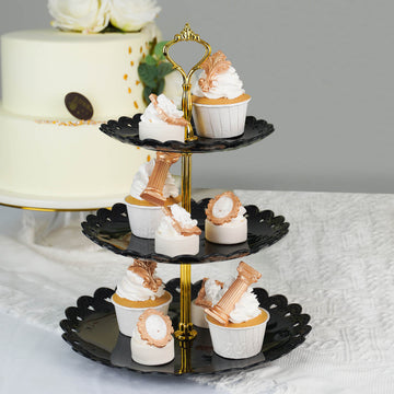 13" 3-Tier Black Gold Wavy Round Edge Cupcake Stand, Dessert Holder