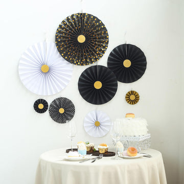 Set of 8 Black Gold White Polka Dot Hanging Paper Fan Decorations, Pinwheel Wall Backdrop Party Kit - 4", 8", 12", 16"