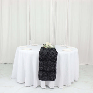 Black Grandiose Rosette Satin Table Runner Black Grandiose Rosette Satin Table Runner