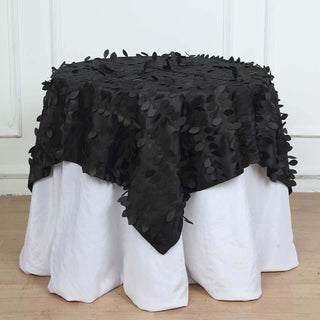 Elegant and Versatile: 54" Black 3D Leaf Petal Taffeta Fabric Square Table Overlay Elegant and Versatile: 54" Black 3D Leaf Petal Taffeta Fabric Square Table Overlay