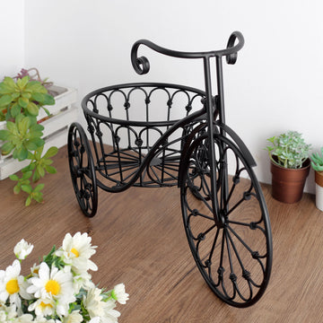 22" Black Metal Tricycle Planter Basket, Decorative Plant Stand For Indoor Outdoor