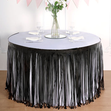 30"x9ft Black Metallic Foil Fringe Table Skirt, Self Adhesive Tinsel Table Skirt