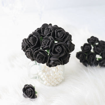 48 Roses 1" Black Real Touch Artificial DIY Foam Rose Flowers With Stem, Craft Rose Buds