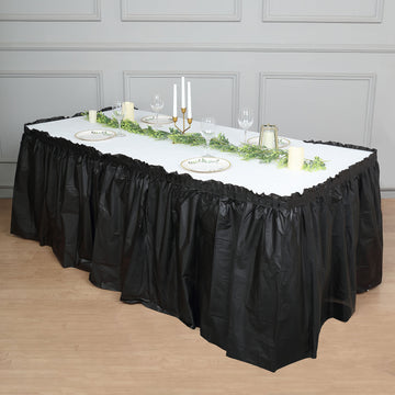 14ft Black Ruffled Plastic Disposable Table Skirt, Waterproof Spill Proof Outdoor Indoor Table Skirt