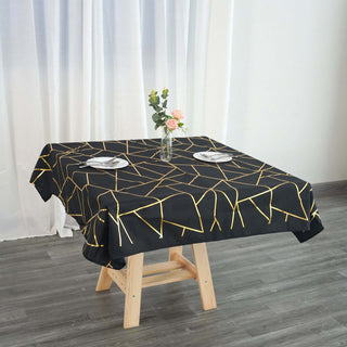 Black Polyester Square Tablecloth With Gold Foil Geometric Pattern Black Polyester Square Tablecloth With Gold Foil Geometric Pattern