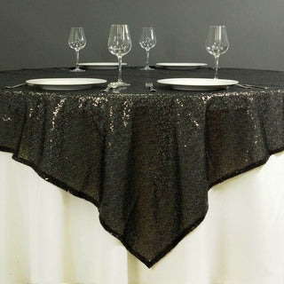 Black Sequin Sparkly Square Table Overlay - Add Glamour and Elegance to Your Event Décor Black Sequin Sparkly Square Table Overlay - Add Glamour and Elegance to Your Event Décor