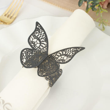 12 Pack Black Shimmery Laser Cut Butterfly Paper Chair Sash Bows, Napkin Rings, Serviette Holders