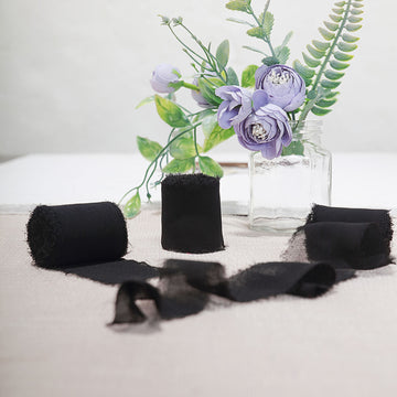 2 Pack 6yd Black Silk-Like Chiffon Linen Ribbon Roll For Bouquets, Wedding Invitations Gift Wrapping