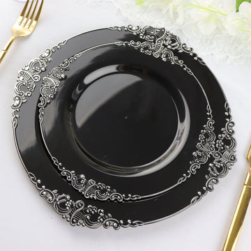 10 Pack 8" Black Plastic Salad Plates With Silver Leaf Embossed Baroque Rim, Round Disposable Appetizer Dessert Plates