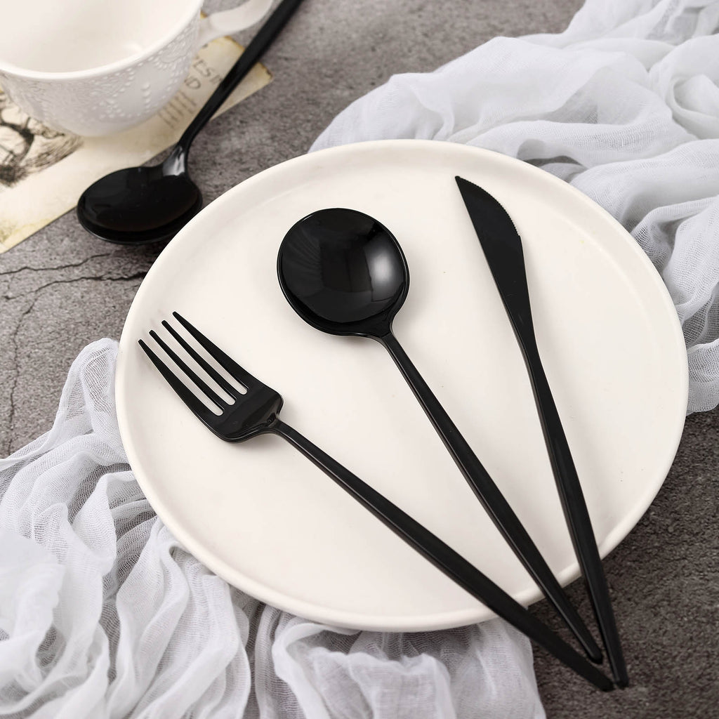 24 Pack  Black Sleek Modern Flatware Set, Premium Plastic Silverware  Cutlery Set - 8