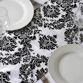 Create an Unforgettable Atmosphere with the Black Taffeta Damask Flocking Table Runner Create an Unforgettable Atmosphere with the Black Taffeta Damask Flocking Table Runner