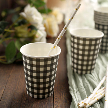 24 Pack Black White Checkered 9oz Paper Cups, Disposable Cups For Picnic, Birthday Party and All Purpose Use - Gingham Design
