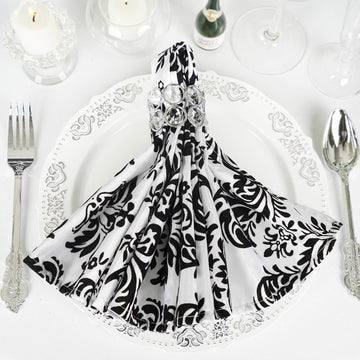 5 Pack Black White Damask Flocking Cloth Dinner Napkins, Reusable Linen 20"x20''