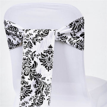 5 Pack 6"x108" Black White Taffeta Damask Flocking Chair Tie Bow Sashes