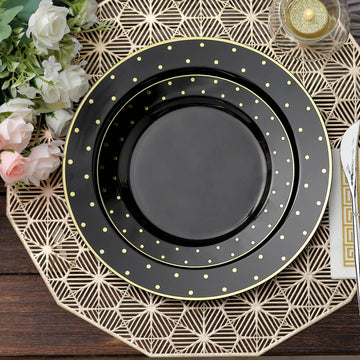 10 Pack 7.5" Black With Gold Dot Rim Plastic Dessert Plates, Round Salad Disposable Tableware Plates