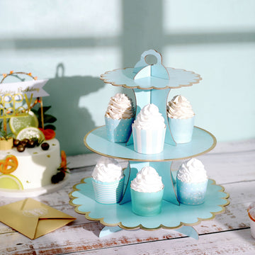13" 3-Tier Blue Gold Cardboard Cupcake Dessert Stand Treat Tower
