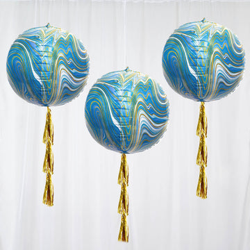3 Pack 13" 4D Blue Gold Marble Sphere Foil Helium or Air Balloons