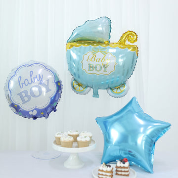 Set of 5 Blue White Boy Baby Shower Mylar Foil Balloon Set, Star, Round and Baby Carriage Balloon Bouquet With Ribbon, Gender Reveal Party Decorations