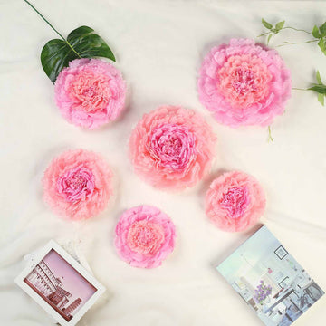 Set of 6 Blush Pink Carnation 3D Paper Flowers Wall Decor - 7",9",11"