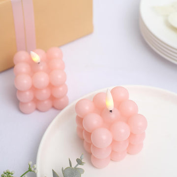 2 Pack 2" Blush Flameless Flickering LED Bubble Candles, Warm White Battery Operated Real Wax Cube Candles
