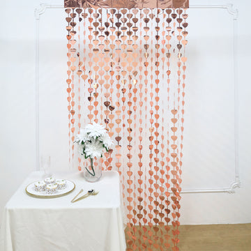 Rose Gold Heart Chain Foil Fringe Curtain Party Backdrop, Metallic Rose Gold Tinsel Streamer Party Decor - Door Window Foil Curtain - 3ftx6.5ft