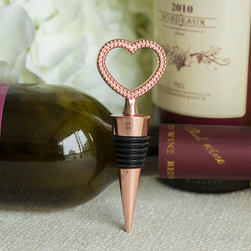 4" Rose Gold Metal Studded Heart Wine Bottle Stopper Party Favors, Wedding Favor With Velvet Gift Box