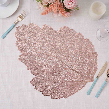6 Pack 18" Rose Gold Metallic Fall Leaf Vinyl Placemats, Non-Slip Dining Table Mats