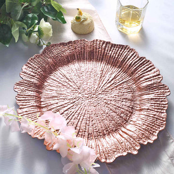 6 Pack 13" Rose Gold Round Reef Acrylic Plastic Charger Plates, Dinner Charger Plates