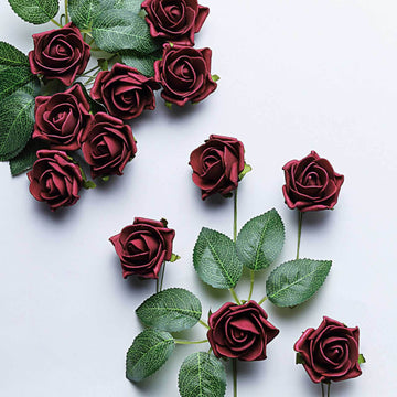 24 Roses 2" Burgundy Artificial Foam Flowers With Stem Wire and Leaves