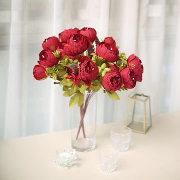 2 Pack 19" Burgundy Artificial Peony Flower Wedding Bouquets, Faux Silk Flower Arrangements