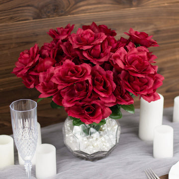 12 Bushes Burgundy Artificial Premium Silk Blossomed Rose Flowers 84 Roses