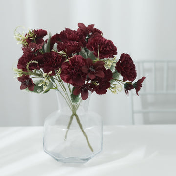 3 Pack 14" Burgundy Artificial Silk Carnation Flower Arrangements, Faux Floral Bouquets Bushes