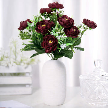 4 Bushes Burgundy Artificial Silk Peony Flower Bouquet Arrangement