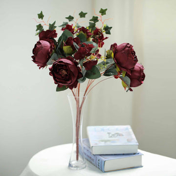 2 Bush Burgundy Artificial Silk Peony, Rose and Hydrangea Flower Bouquet