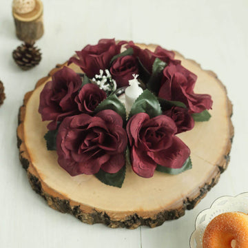 4 Pack 3" Burgundy Artificial Silk Rose Flower Candle Ring Wreaths