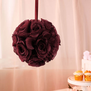 2 Pack 7" Burgundy Artificial Silk Rose Kissing Ball, Flower Ball