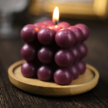 2 Pack 2" Burgundy Bubble Cube Long Burning Paraffin Wax Candle Set, Unscented Decorative Pillar Candle Gift