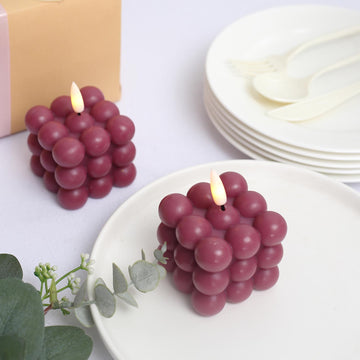 2 Pack 2" Burgundy Flameless Flickering LED Bubble Candles, Warm White Battery Operated Real Wax Cube Candles