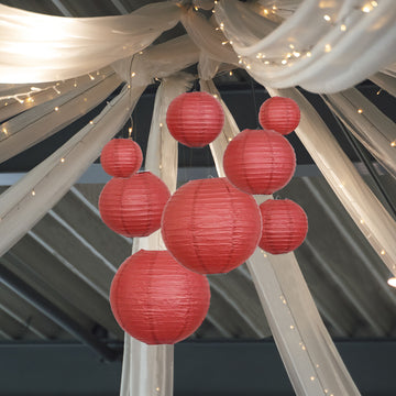 Set of 8 Burgundy Hanging Paper Lanterns, Chinese Sky Lanterns, Assorted Sizes - 6", 8", 10", 14"