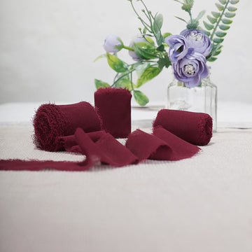 2 Pack 6yd Burgundy Silk-Like Chiffon Linen Ribbon Roll For Bouquets, Wedding Invitations Gift Wrapping