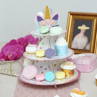 Magical Pink 15" 3-Tier Unicorn Themed Cardboard Cupcake Dessert Stand Treat Tower