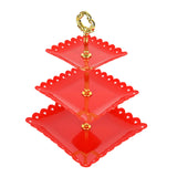3-Tier Gold/Red Wavy Square Edge Cupcake Stand, Dessert Holder, Plastic With Top Handle#whtbkgd