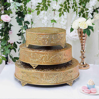 Create a Whimsical Ambiance with the 22" Round Gold Embossed Cake Stand Riser