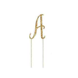 Gold glitter letter "A" cake topper with two prongs for easy insertion.